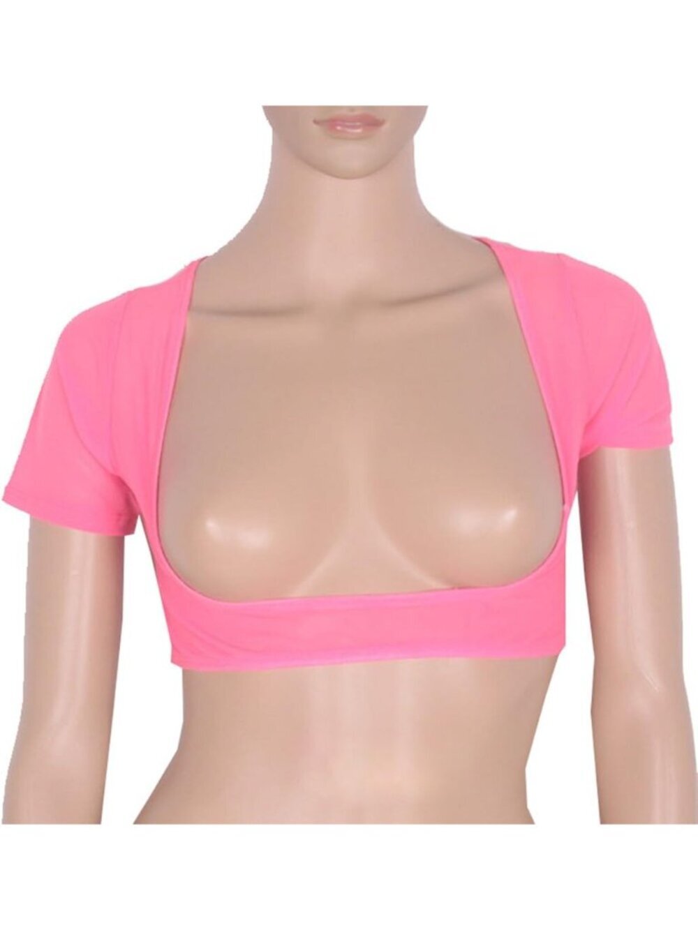 〽️Women's Bright Pink Mesh Open Bust Short Sleeve Spandex Belly Dance Crop Top